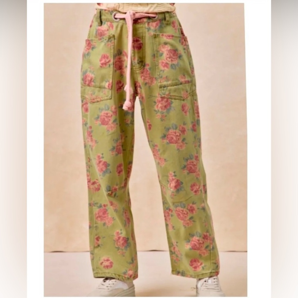 BiBi Floral Green Jeans with Pink Accents